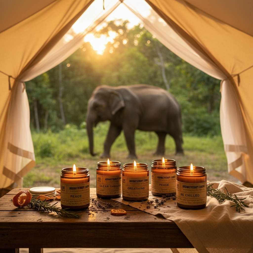 Aromatherapy soy wax candles in amber glass jars with essential oil blends
