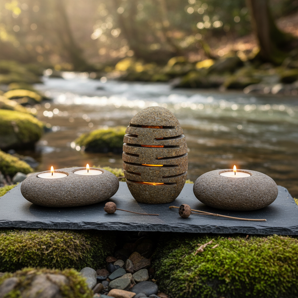 Handmade Indonesian riverstone tea light holders with natural texture