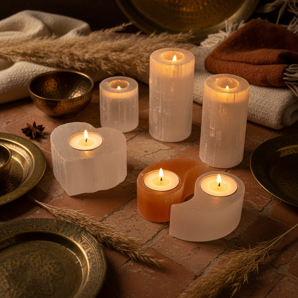 Translucent selenite crystal candle holders with polished tops