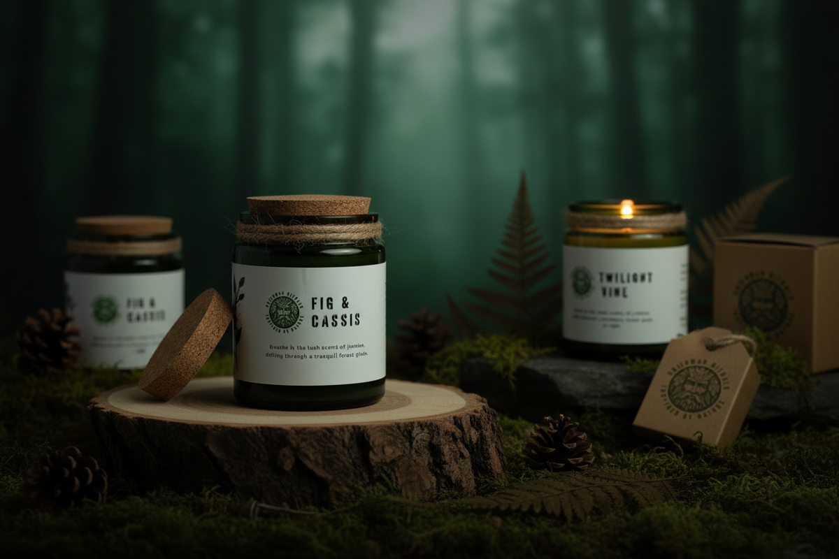 Greenman Rituals woodwick soy candles in green glass jars with cork lids