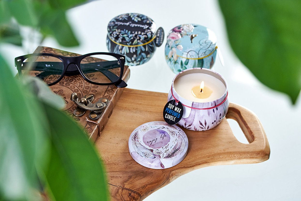 Natural soy wax candles in decorative art printed tins