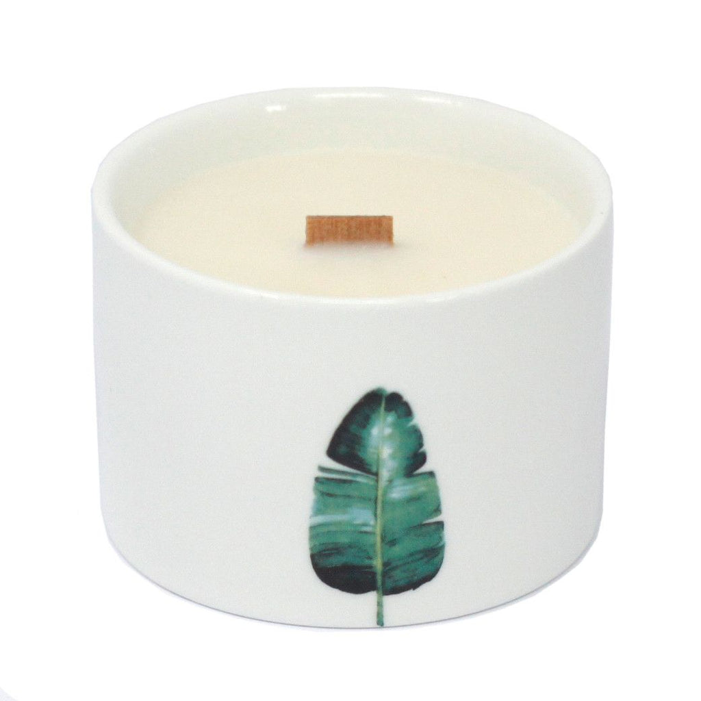 Botanical soy wax candle, white jar with single green leaf print and square wooden wick
