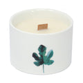 Botanical soy wax candle, white jar with green leafy print and square wooden wick