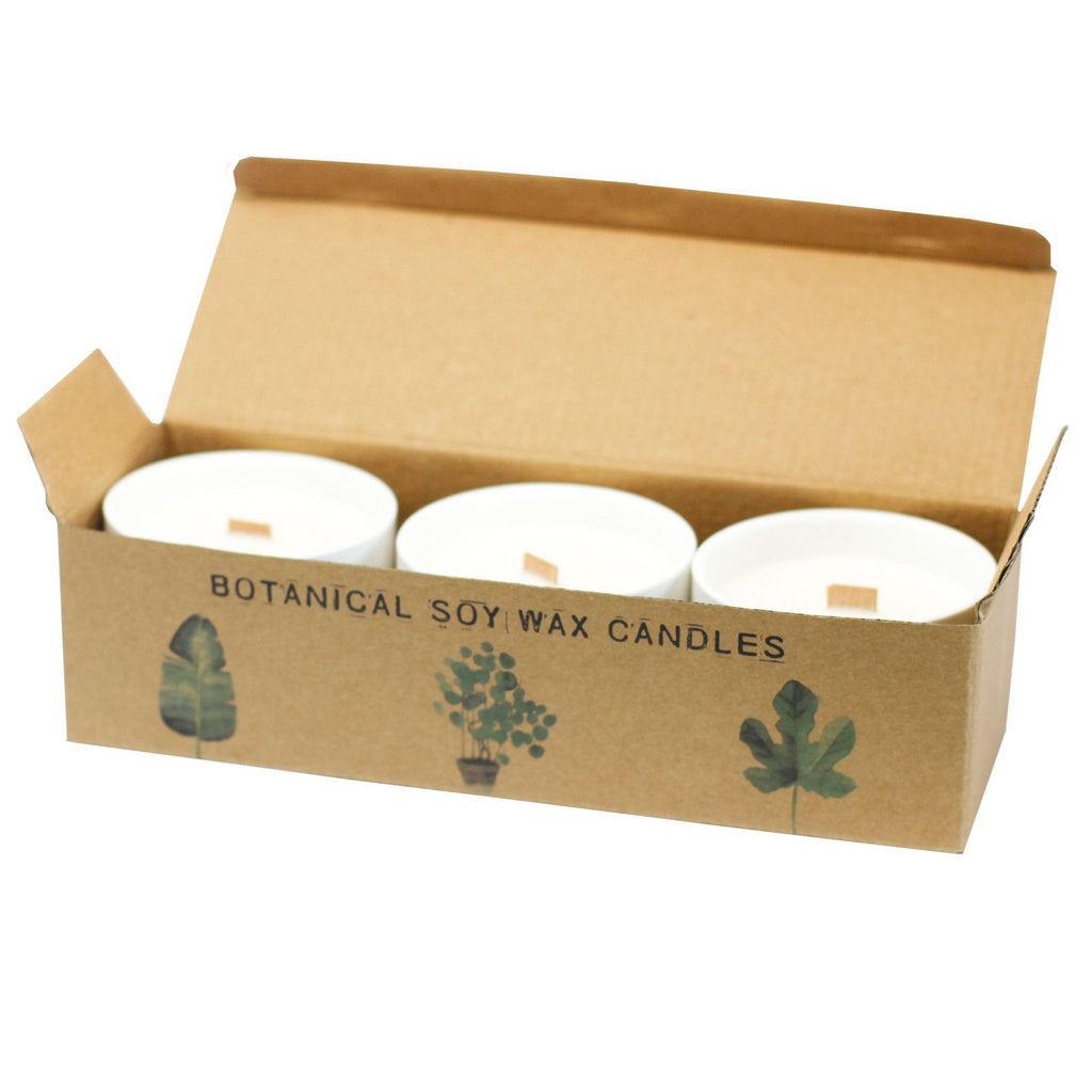 Botanical soy wax candle set in kraft box with three white candles and green leaf labels