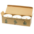 Botanical soy wax candle set in kraft box with three white candles and green leaf labels