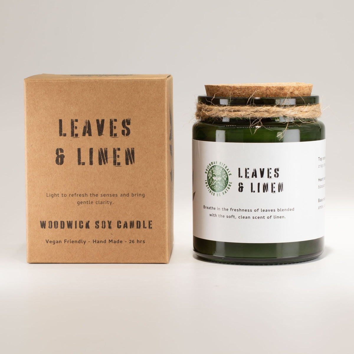 Greenman Woodwick Soy Candle - Leaves & Linen - product view 2