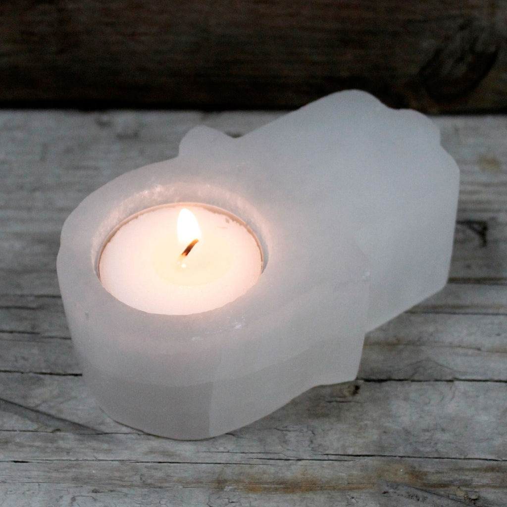 Selenite Hamsa Candle Holder - product view 2