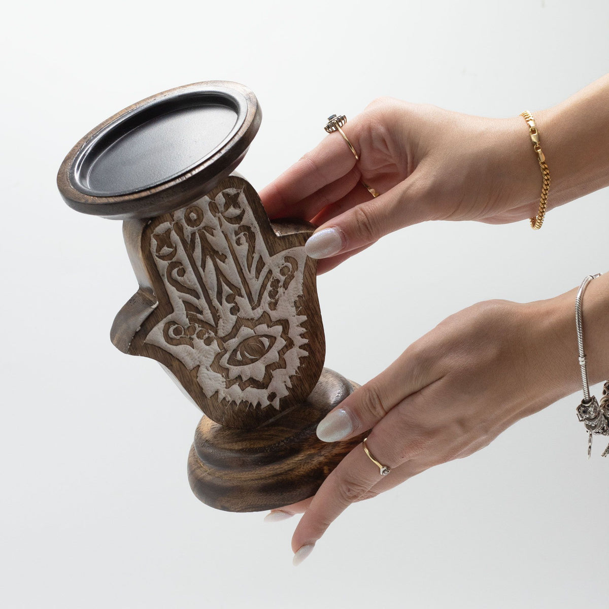 Mango Wood Candle Stand - Hamsa - Small - product view 2