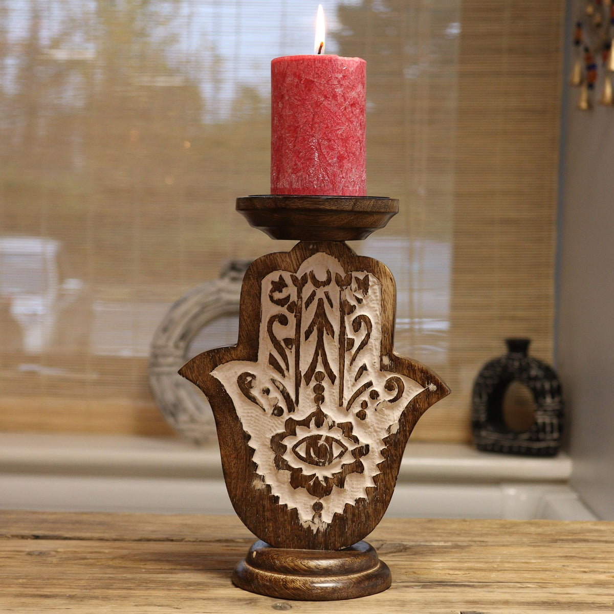 Mango Wood Candle Stand - Hamsa - Large - product view 2